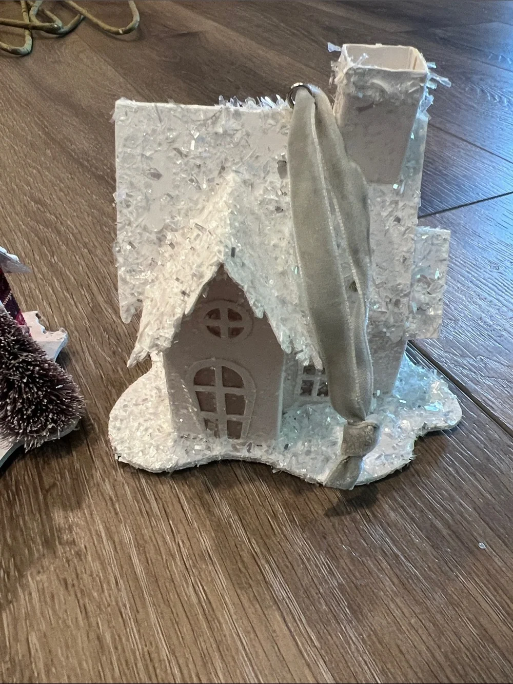 Holiday Decorative Snowy House Ornaments - Red Plaid & White